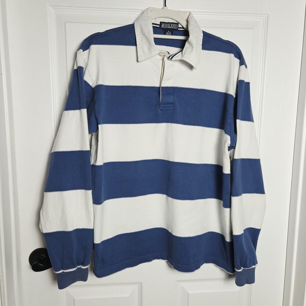 Lands' End Rugby Shirt M Blue White Stripe Preppy Y2K Classic Colorblock Retro